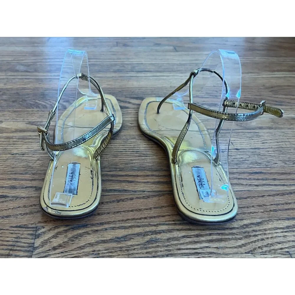 PRADA Milano Gold Strap Flat Sandals Shoes  Women's Size EU 38 US 7.5